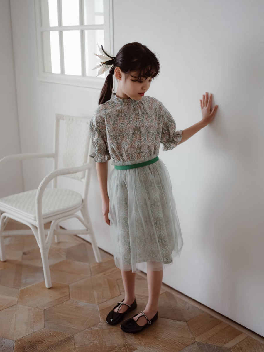 Print dress with tulle skirt / Green